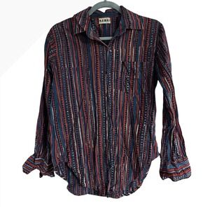 Namai Womens Cotton Button Down Shirt Blue Red Geometric Stripe Print Size M